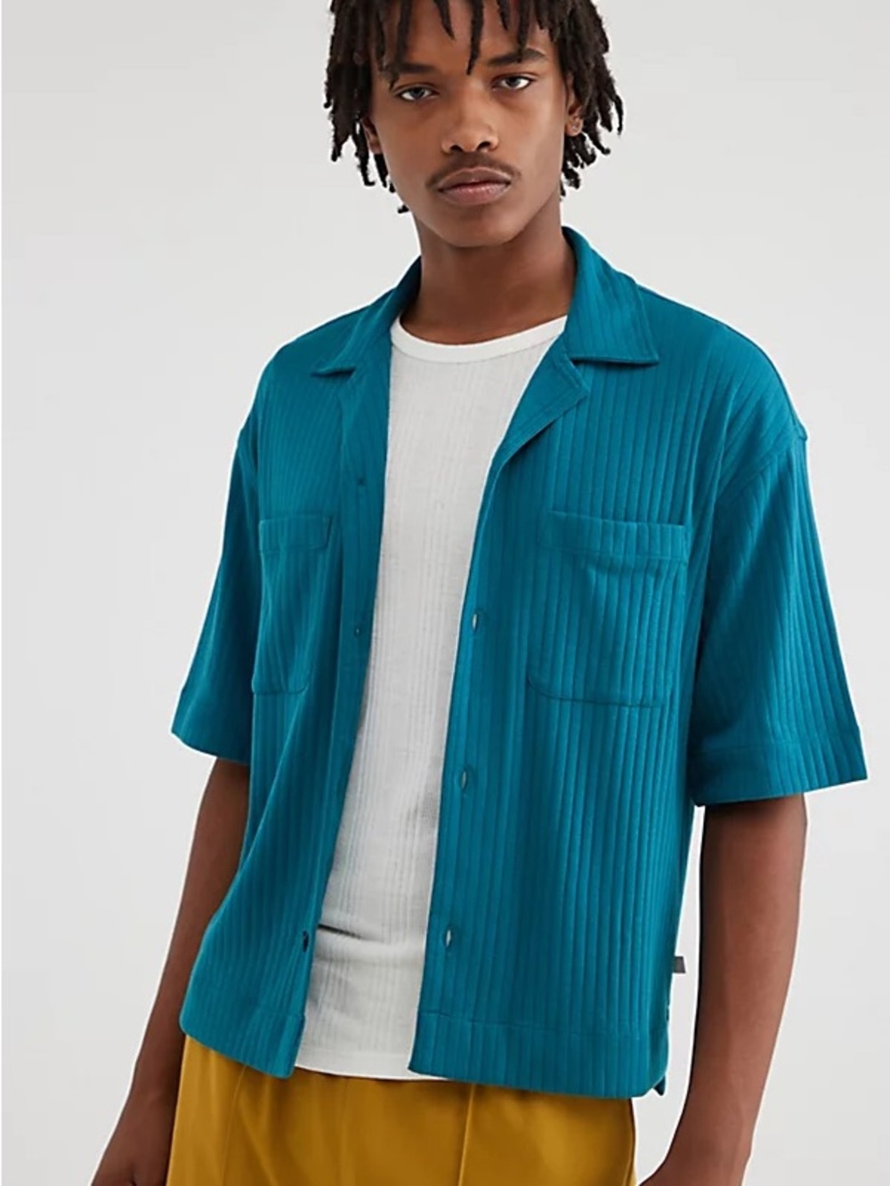 Standard/Cloth Teal Ribbed Short Sleeve Button Down Camp Shirt Size M